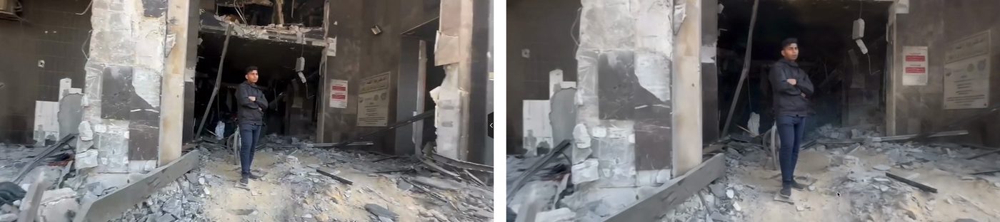 報道映像(左)と、3D Gaussian Splattingで生成した空間(右)